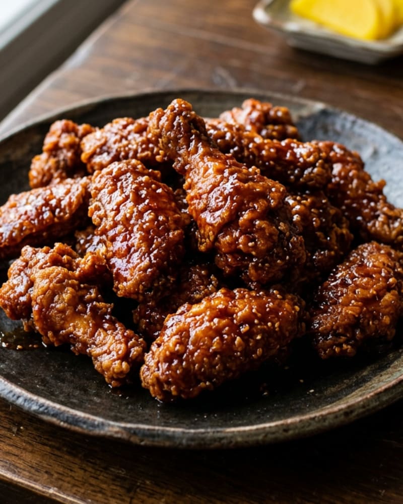 Korean fried chicken wings in a glossy dark red gochujang glaze piled on a dark plate, yellow pickled radish behind