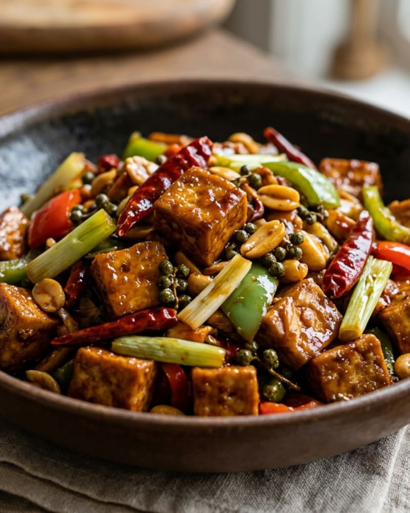 Kung pao tofu in a dark bowl: crisp tofu cubes, dried red chilies, peanuts, green and red bell pepper and scallions
