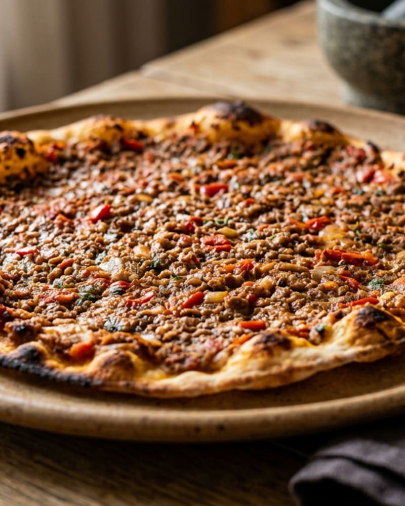 Lahmacun recipe: a thin flatbread topped with spiced beef, tomato and herbs, charred at the edges, on a round plate