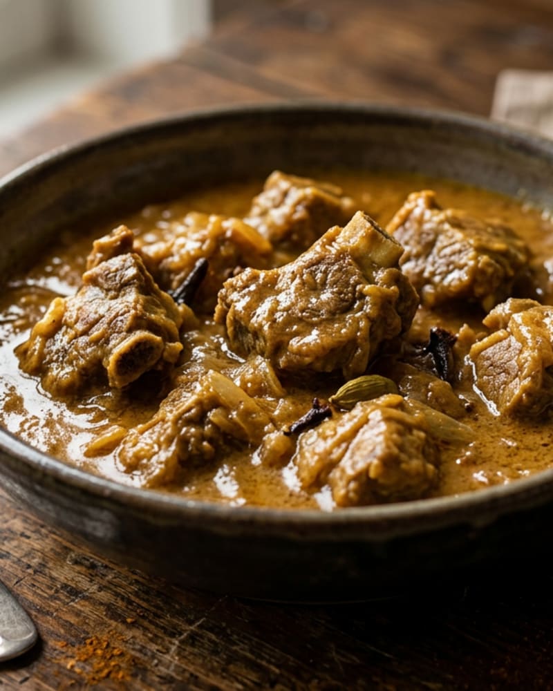 Lamb korma recipe: pieces of lamb in a creamy golden-brown sauce with whole spices, in a dark rustic bowl