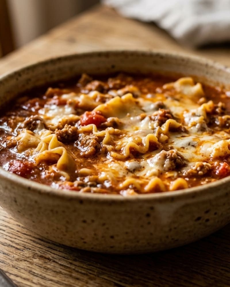 Lasagna soup recipe: a speckled bowl of tomato broth with ground beef, ruffled noodles and melted cheese