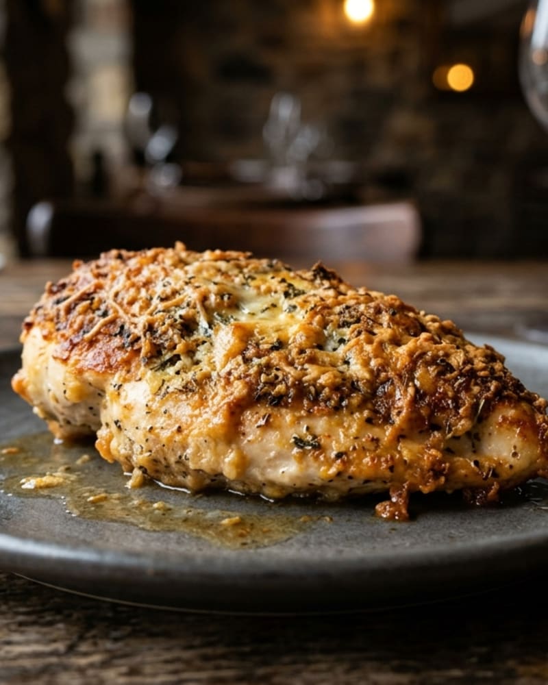 A golden parmesan-crusted chicken breast with melted cheese on a dark plate, with pan juices pooling beside it