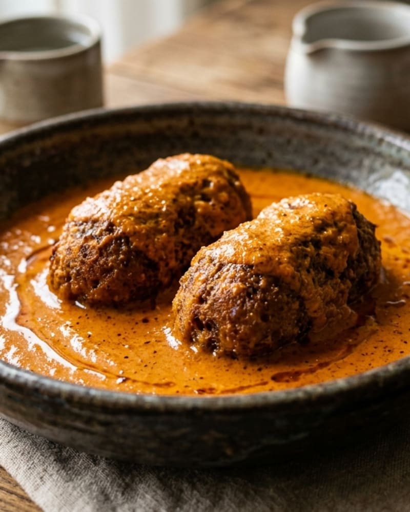 Malai kofta recipe: two fried dumplings sitting in a smooth, glossy orange cream sauce in a dark bowl