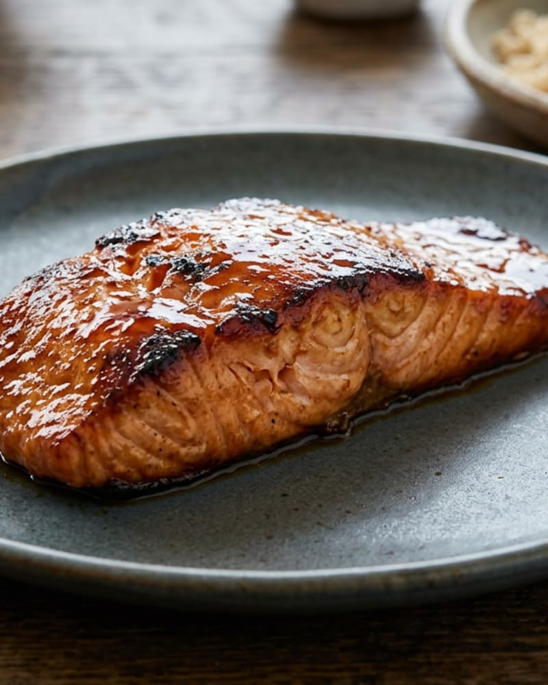 Maple glazed salmon recipe: one glossy, caramelized salmon fillet with charred glaze edges on a gray plate