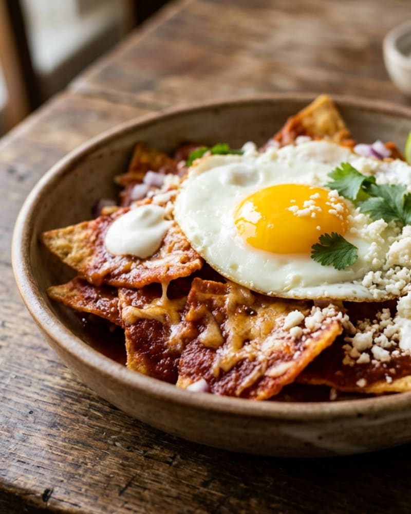 Breakfast chilaquiles in a stoneware bowl, red-sauced chips under a sunny-side-up egg, melted cheese and cilantro