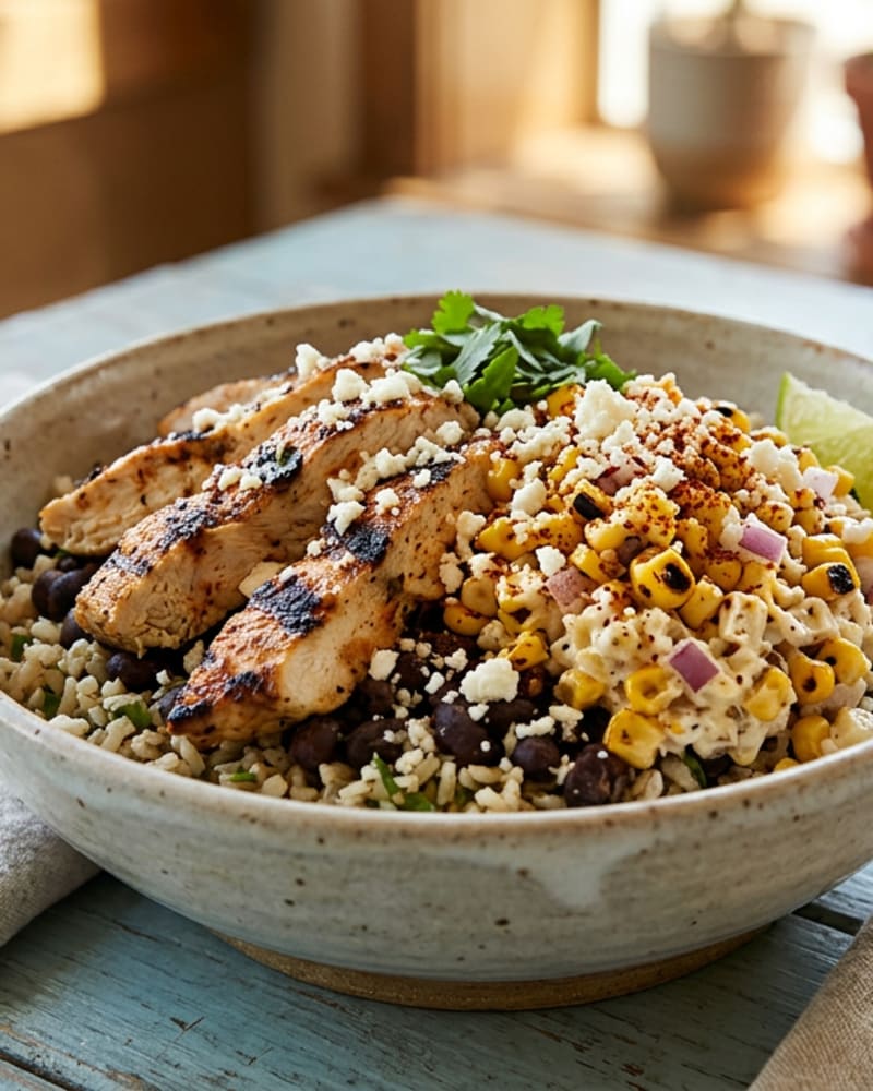 Street corn chicken bowl with sliced grilled chicken, charred corn, black beans and rice, topped with cotija and cilantro
