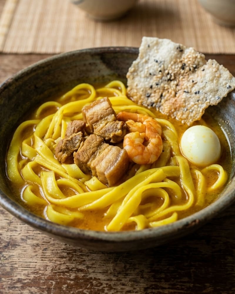 Bowl of mi quang with yellow turmeric noodles, pork belly, a shrimp, a quail egg and a sesame rice cracker in golden broth