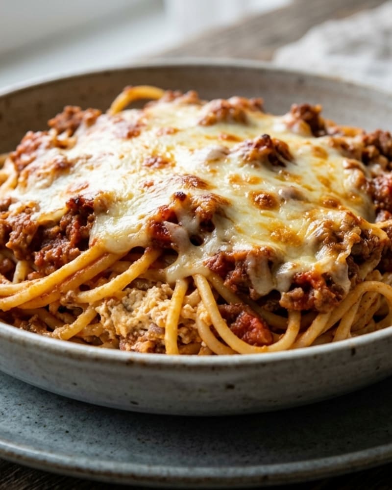 Million dollar spaghetti in a shallow bowl, baked spaghetti under melted mozzarella and meat sauce with a creamy layer inside