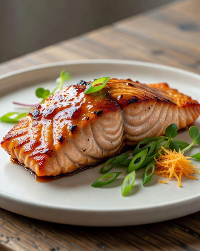 Miso butter salmon fillet with a glossy caramelized glaze on a white plate, with sliced scallions and microgreens