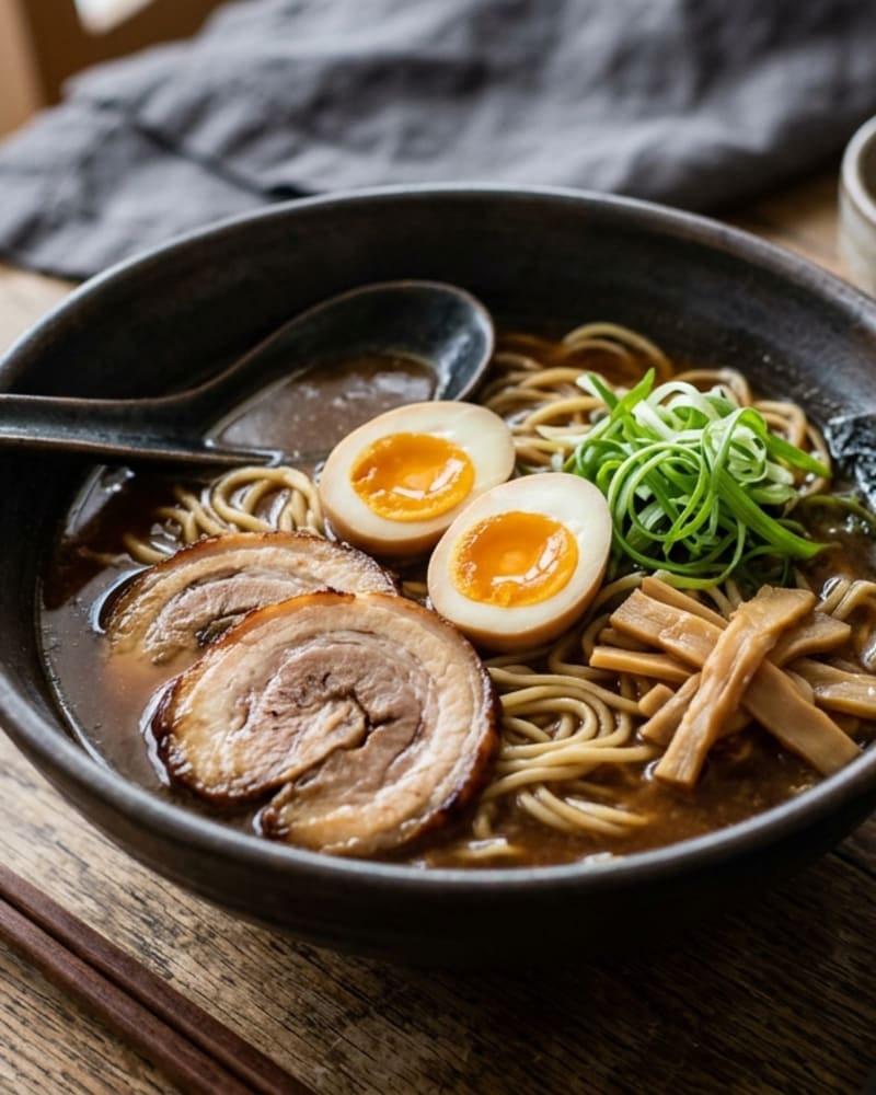 Miso ramen bowl with noodles in dark broth, halved soft-boiled egg, rolled pork slices, bamboo shoots and sliced scallions