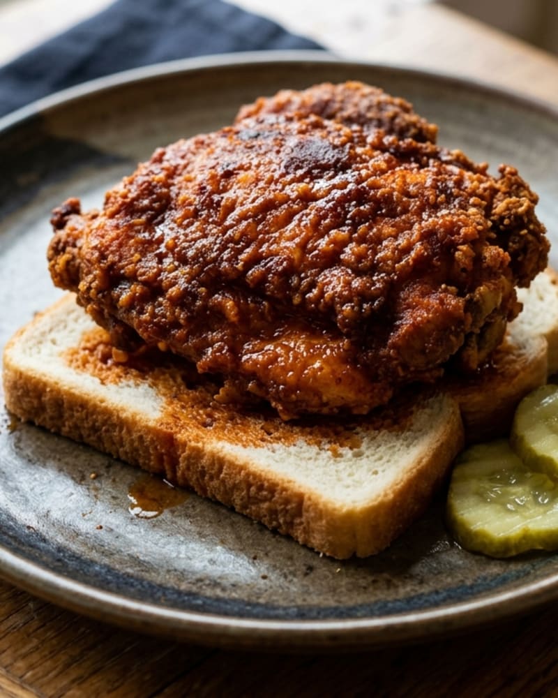 Nashville hot chicken: one deep-red crispy piece on two slices of white bread with dill pickle slices on the side