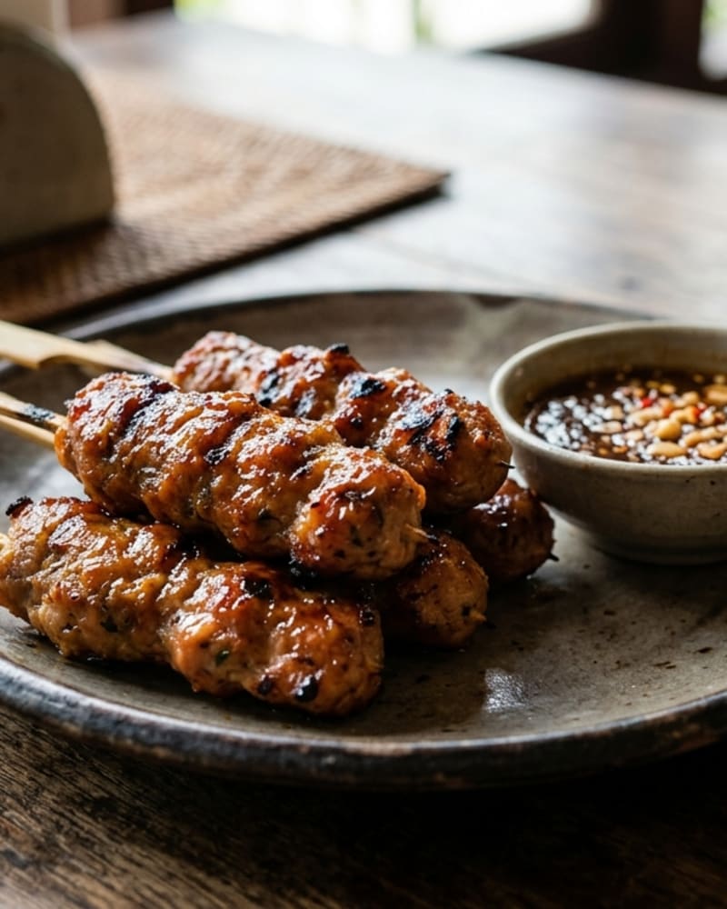 Charred, glazed pork skewers stacked on a stoneware plate beside a small bowl of dipping sauce with chopped peanuts and chili