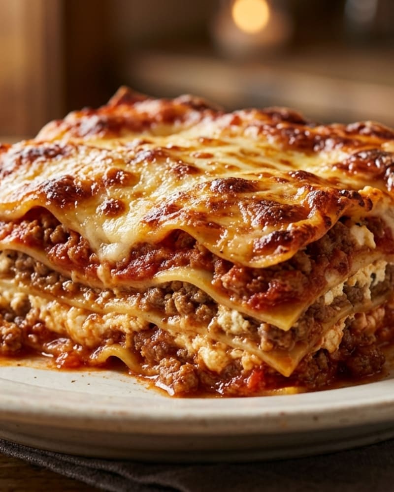 Beef lasagna slice showing browned cheese on top and layers of noodle, meat sauce and ricotta on a white plate