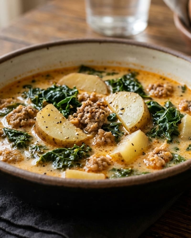 Zuppa toscana recipe: a wide bowl of creamy broth with crumbled sausage, potato slices and dark kale, on a dark cloth