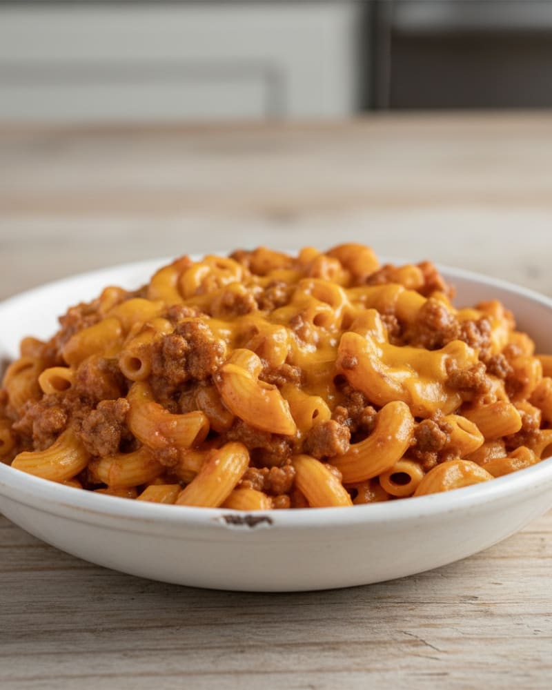 One-pot cheeseburger pasta: elbow macaroni with ground beef and melted cheddar in a white bowl