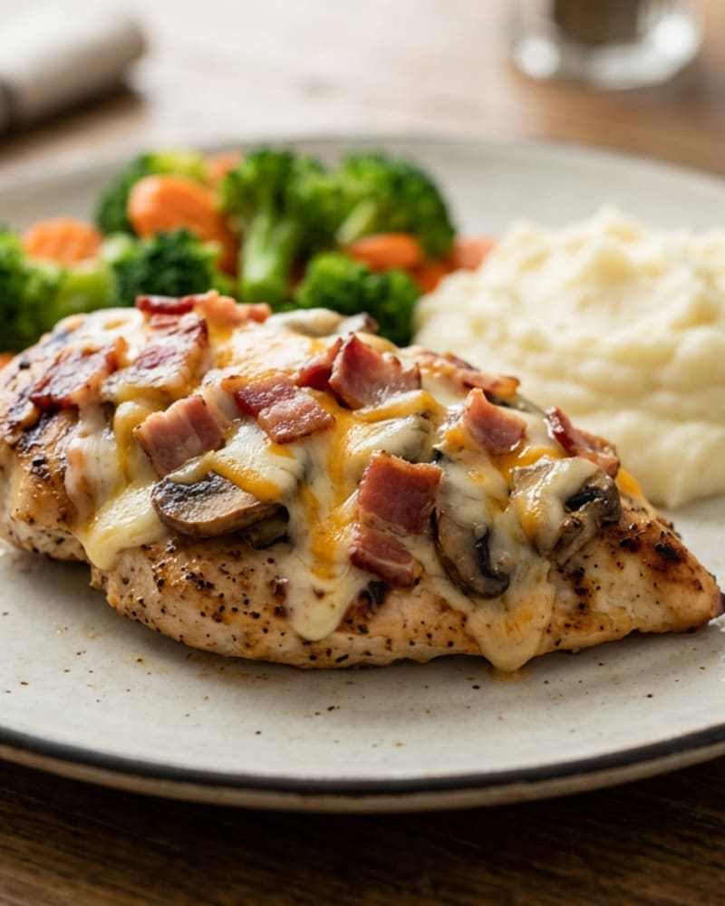 Outback-style alice springs chicken breast with bacon, mushrooms and melted cheese, beside broccoli and mashed potatoes
