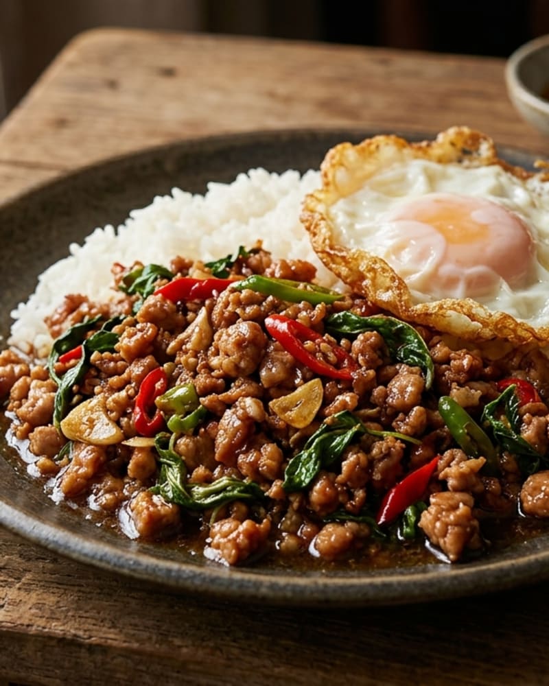 Pad krapow moo recipe: minced pork with red and green chilies and basil beside white rice, topped with a fried egg