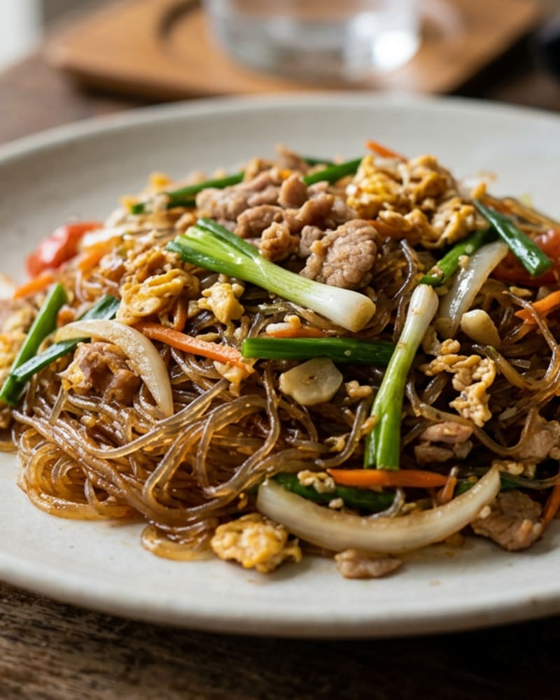 Pad woon sen recipe: glass noodles stir-fried with scrambled egg, carrot, onion, scallions and browned meat on a pale plate