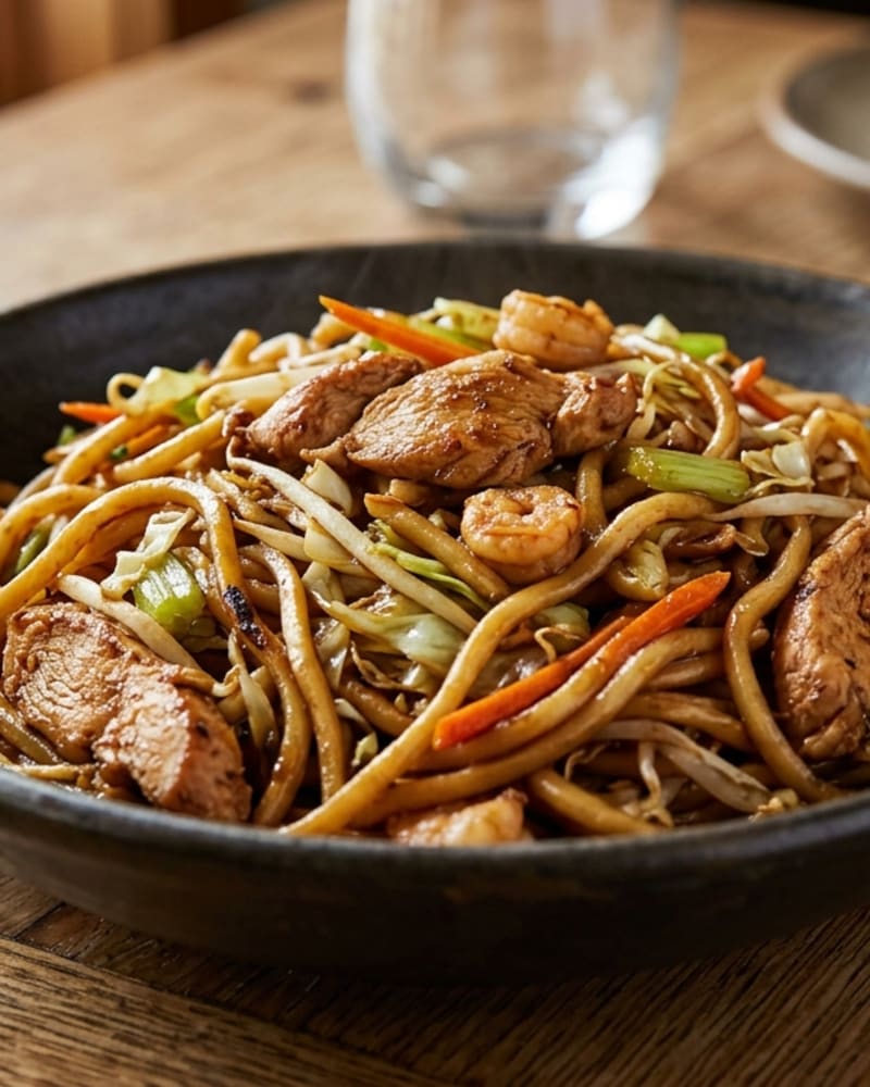 Chow mein recipe: noodles with cabbage and carrot, topped with seared chicken pieces and shrimp in a dark bowl
