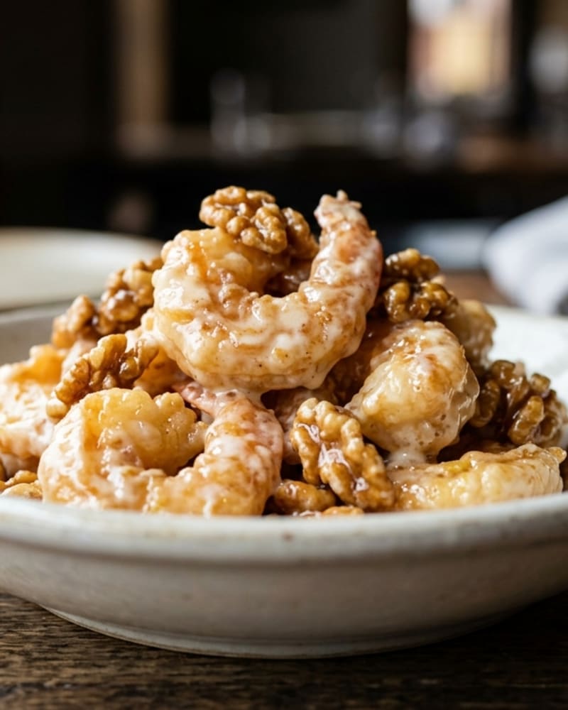 Panda-style honey walnut shrimp coated in creamy sauce and piled with candied walnuts in a white bowl