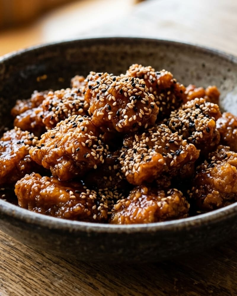 Sesame chicken recipe: glazed fried chicken pieces covered in white and black sesame seeds in a rustic bowl