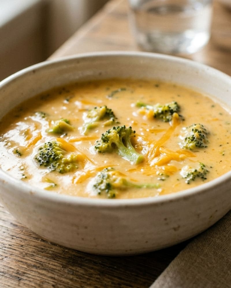 Broccoli cheddar soup in a cream-colored bowl, with broccoli florets and shredded cheddar on a wooden table