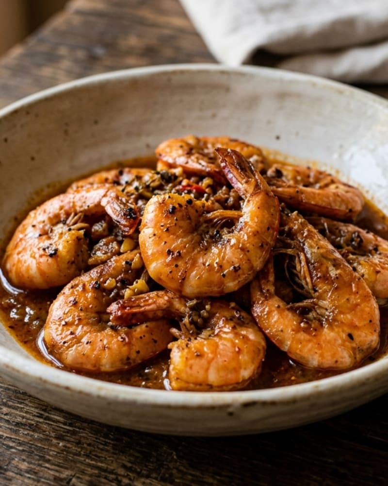 Pepper shrimp in a glossy spiced butter sauce with minced garlic and chili in a rustic bowl