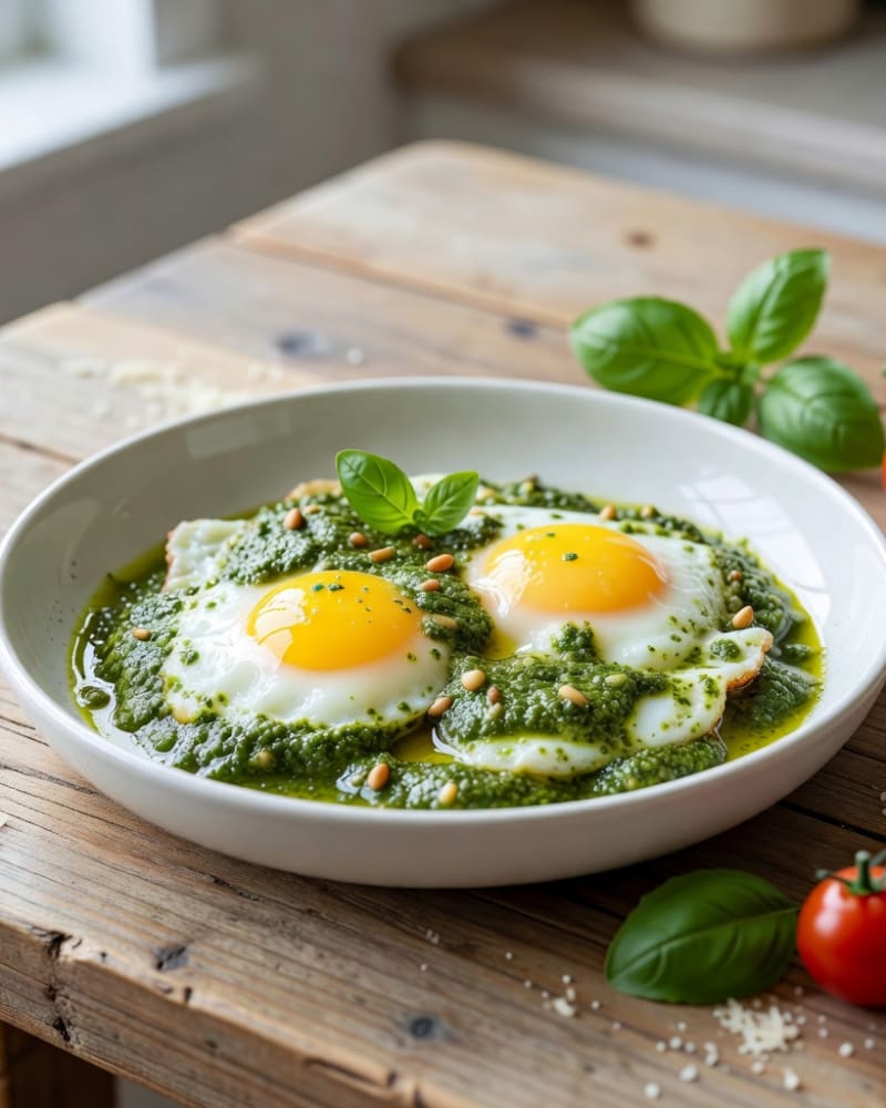 Pesto eggs: two sunny-side-up eggs fried in basil pesto with pine nuts in a white bowl, fresh basil and a tomato nearby
