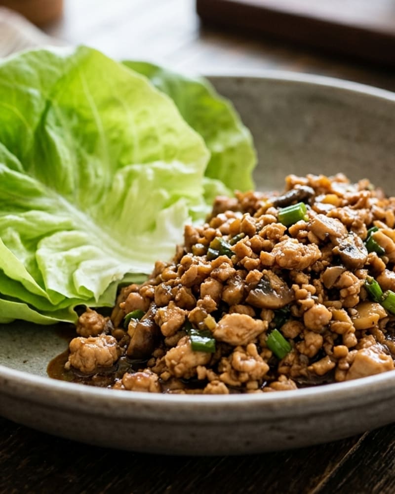 Savory ground chicken filling with sliced scallions on a gray plate beside a leaf of butter lettuce