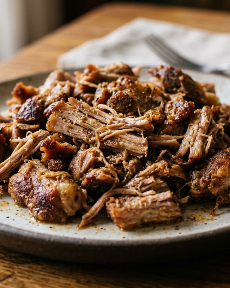 A plate of shredded pork carnitas with browned, crisp edges on a speckled plate on a wooden table