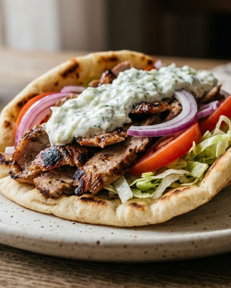 Pork gyro in a warm pita with tzatziki, red onion, tomato and shredded lettuce on a speckled plate