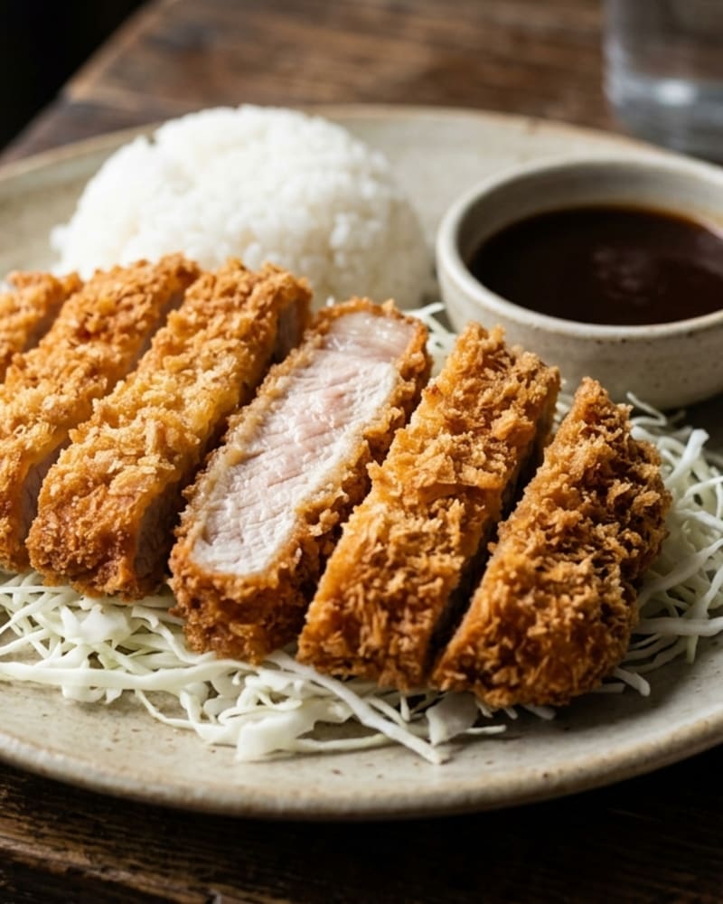 Sliced pork tonkatsu on shredded cabbage beside a mound of white rice and a small bowl of dark sauce