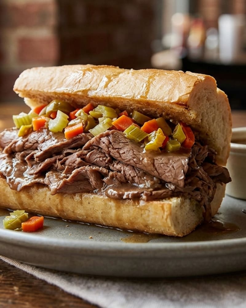 Italian beef sandwich on a split roll piled with sliced beef, giardiniera and jus, on a gray plate