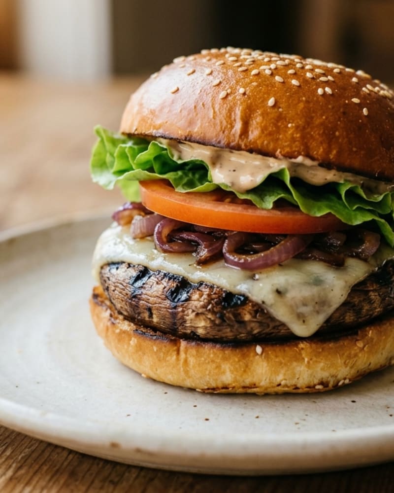 Portobello burger with melted cheese, red onion, tomato and lettuce on a toasted sesame bun