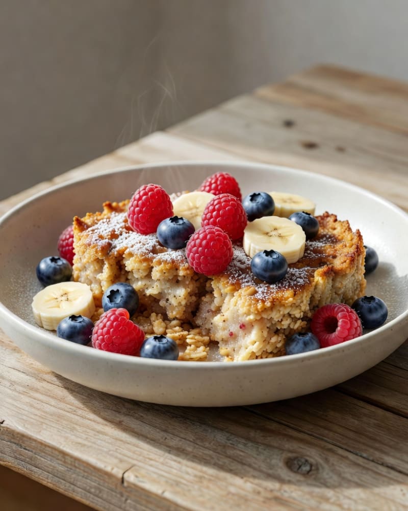 Protein baked oats broken open in a shallow bowl, topped with raspberries, blueberries, banana slices and powdered sugar