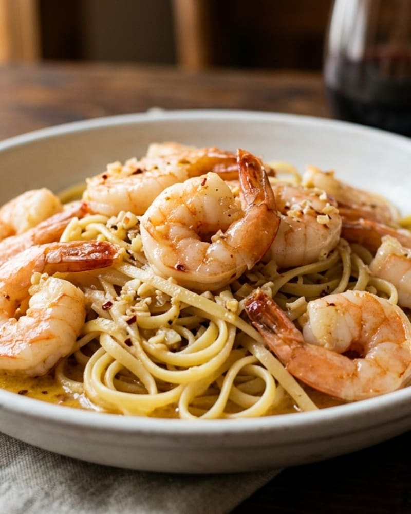 Linguine with pink garlic butter shrimp, red pepper flakes and chopped garlic in a white bowl